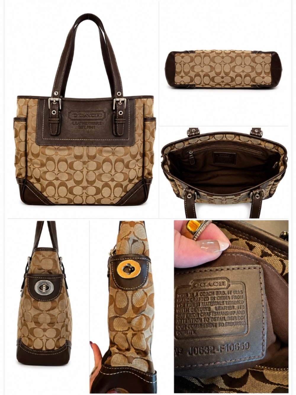 Coach Signature Canvas & Leather Tote Bag Brown Tan Large Zip Top